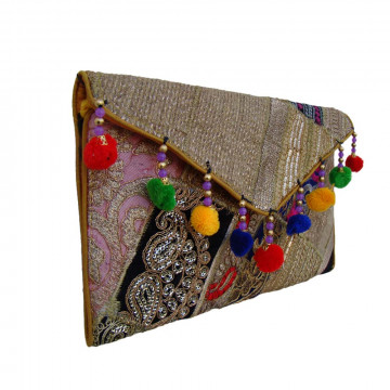 The Living Craft Ethnic Zari Women's clutch with Pom-pom