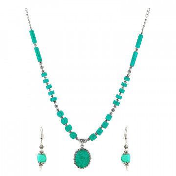 Archiecs Creations Turquoise Metal Oxidised Chain Necklace with Pair of Earring for Women