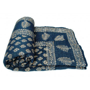 Shop Rajasthan Dark Blue Hand Block Gold Print Cotton Double Bed Quilt