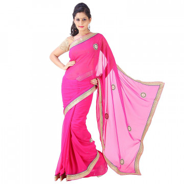 Archiecs Creations Adorning Jaipuri Moti Work Chiffon Saree (With Blouse Piece) - Pink