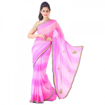 Archiecs Creations Beautiful Jaipuri Nakashi Work Georgette Saree (With Blouse Piece) - Pink