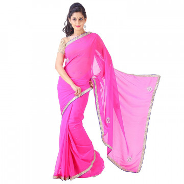 Archiecs Creations Elegant Jaipuri Chandla Work Chiffon Saree (With Blouse Piece) - Pink