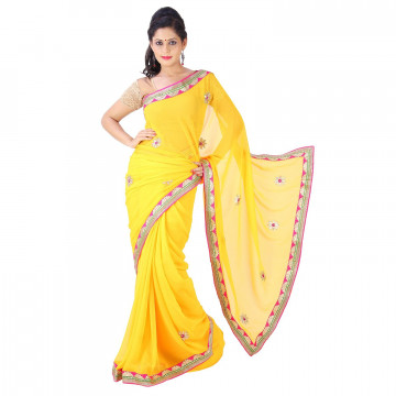 Archiecs Creations Alluring Jaipuri Gota Patti Chiffon Saree (With Blouse Piece) - Yellow