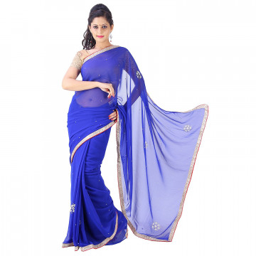 Archiecs Creations Elegant Jaipuri Chandla Work Chiffon Saree (With Blouse Piece) - Blue