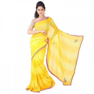Archiecs Creations Beautiful Jaipuri Nakashi Work Georgette Saree (With Blouse Piece) - Yellow