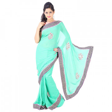 Archiecs Creations Charming Jaipuri Moti Work Pure Viscose-Georgette Saree (With Blouse Piece) - Turquoise