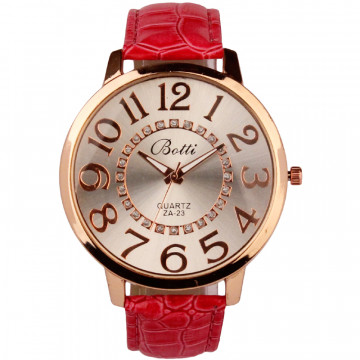 women fashion quartz wristwatch numerals golden dial red, pink leather strap