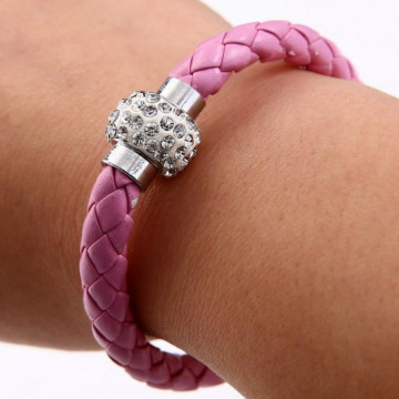 Pu Leather Crystal Bracelet With Magnet Clasp - Purple