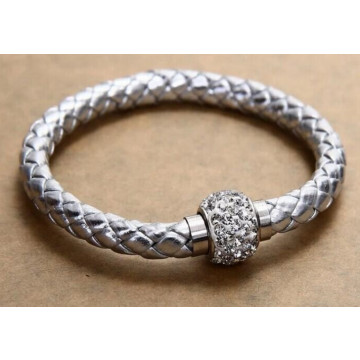 Pu Leather Crystal Bracelet With Magnet Clasp - Silver