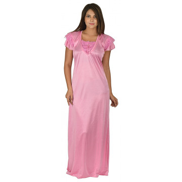 Archiecs Creation Women's Satin Baby Pink Long Nightwear-NightDress-Gowns (Free Size)