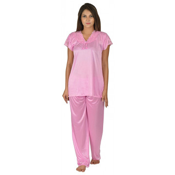 Archiecs Creation Women's Satin Baby Pink Top and Pyjama Night Suit-Nightdress (Free Size)