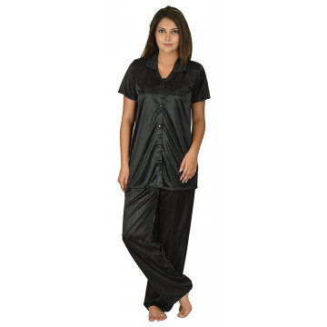 Archiecs Creation Women's Satin Black Top and Pyjama Night Suit-Nightdress With Collar (Free Size)