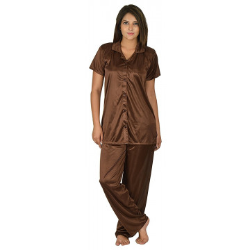 Archiecs Creation Women's Satin Brown Top and Pyjama Night Suit-Nightdress With Collar (Free Size)