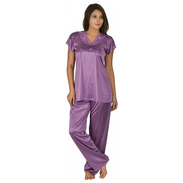 Archiecs Creation Women's Satin Dark Pink Top and Pyjama Night Suit-Nightdress (Free Size)