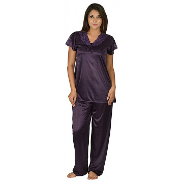 Archiecs Creation Women's Satin Purple Top and Pyjama Night Suit-Nightdress (Free Size)