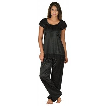 Women's Satin Shin Black Top and Pyjama Night Suit-Nightdress (Free Size)