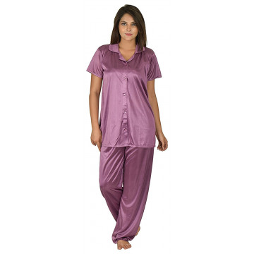 Archiecs Creation Women's Satin Shin Dark Pink Top and Pyjama Night Suit-Nightdress With Collar (Free Size)