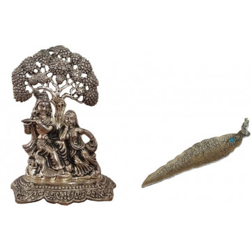 Divinecrafts Combo of Incense Holder and White Metal Radha Krishna Showpiece - 20 cm  (Silver Finish, Silver)