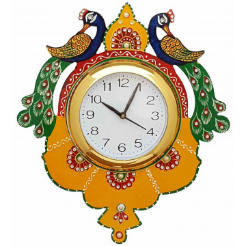 Double peacock Painted Wooden Wall Clock