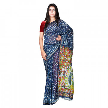 PANVI Printed Chanderi Silk Saree  (Blue)