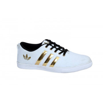RUDOSE Mens White Stylish Casual Canvas Sneakers with Golden strips