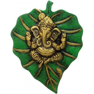Divinecrafts Metal Wall Hanging Of Lord Ganesha On Leaf Showpiece - 18 cm  (Aluminium, Green)