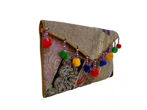 The Living Craft Ethnic Zari Women's clutch with Pom-pom