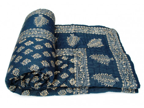 Shop Rajasthan Dark Blue Hand Block Gold Print Cotton Double Bed Quilt