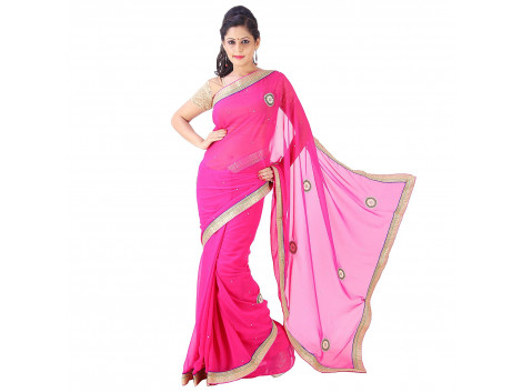 Archiecs Creations Adorning Jaipuri Moti Work Chiffon Saree (With Blouse Piece) - Pink