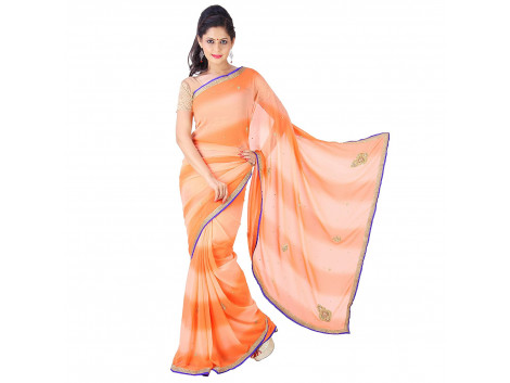 Archiecs Creations Beautiful Jaipuri Nakashi Work Georgette Saree (With Blouse Piece) - Orange