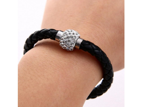 Pu Leather Crystal Bracelet With Magnet Clasp - Black