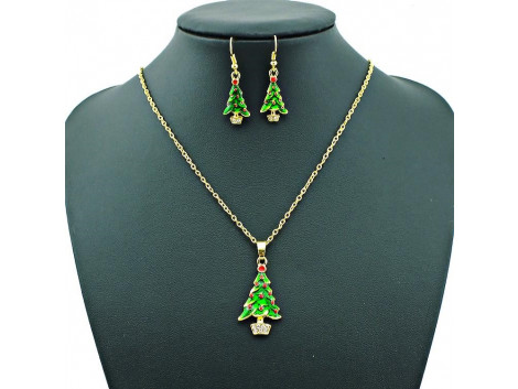Gold Plated Elegant Christmas Tree Earrings And Necklace Set