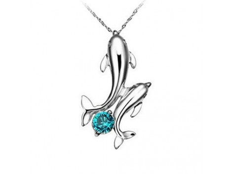 Angelfish Silver Plated Double Dolphins Pendant Charm Chain Necklace