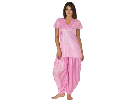 Archiecs Creation Women's Satin Baby Pink Nightdress With Patiyala