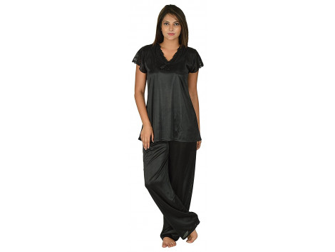 Archiecs Creation Women's Satin Black Top and Pyjama Night Suit-Nightdress (Free Size)