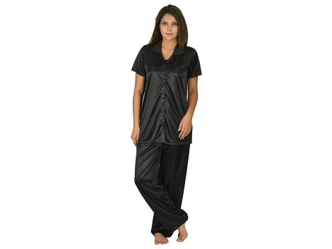 Archiecs Creation Women's Satin Black Top and Pyjama Night Suit-Nightdress With Collar (Free Size)