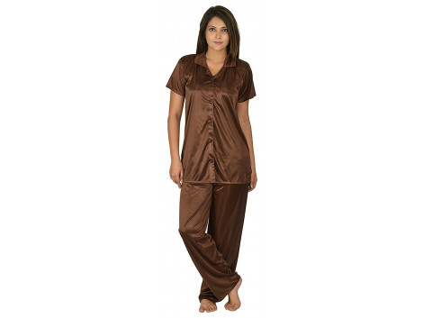 Archiecs Creation Women's Satin Brown Top and Pyjama Night Suit-Nightdress With Collar (Free Size)
