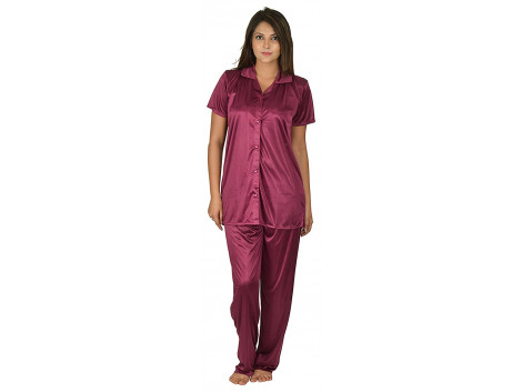 Archiecs Creation Women's Satin Magenta Top and Pyjama Night Suit-Nightdress With Collar (Free Size)