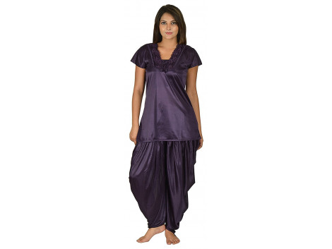 Archiecs Creation Women's Satin Purple Nightdress With Patiyala