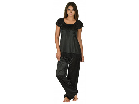 Women's Satin Shin Black Top and Pyjama Night Suit-Nightdress (Free Size)