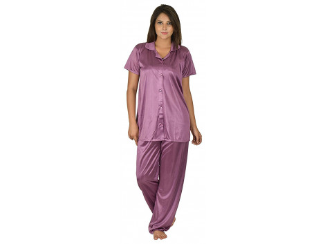 Archiecs Creation Women's Satin Shin Dark Pink Top and Pyjama Night Suit-Nightdress With Collar (Free Size)