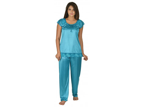 Archiecs Creation Women's Satin Sky Blue Top and Pyjama Night Suit-Nightdress (Free Size)