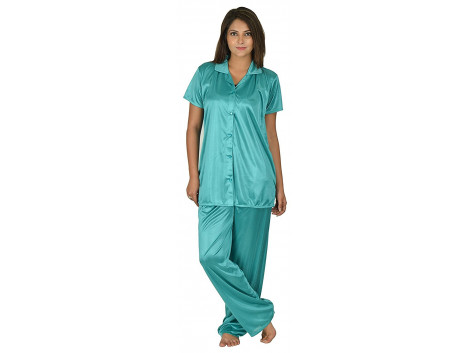 Archiecs Creation Women's Satin Turquoise Top and Pyjama Night Suit-Nightdress With Collar (Free Size)