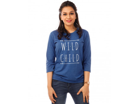 Wild Child Royal Blue Melange Graphic 3/4th Sleeve T Shirt