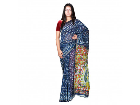 PANVI Printed Chanderi Silk Saree  (Blue)