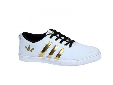 RUDOSE Mens White Stylish Casual Canvas Sneakers with Golden strips