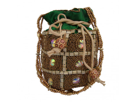 The Living Craft Beaded Satin Potli with Multi Color Stones