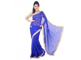 Archiecs Creations Adorning Jaipuri Moti Work Chiffon Saree (With Blouse Piece) - Blue