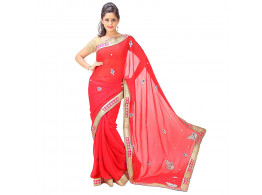 Archiecs Creations Stunning Jaipuri Nakashi-Moti Work Pure Viscose-Georgette Saree (With Blouse Piece) - Red