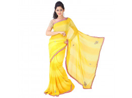 Archiecs Creations Beautiful Jaipuri Nakashi Work Georgette Saree (With Blouse Piece) - Yellow